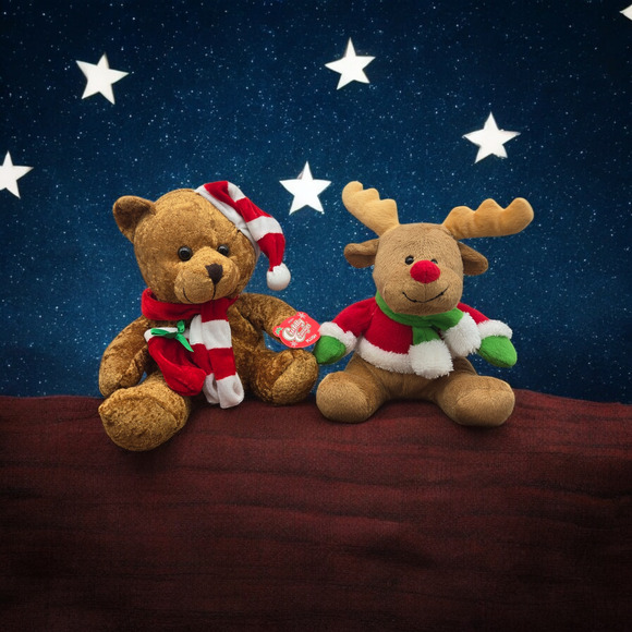 Two Stocking Stuffers: Candy Cane Cuddly Cousins Bear & Christmas Reindeer Plush - Picture 1 of 16